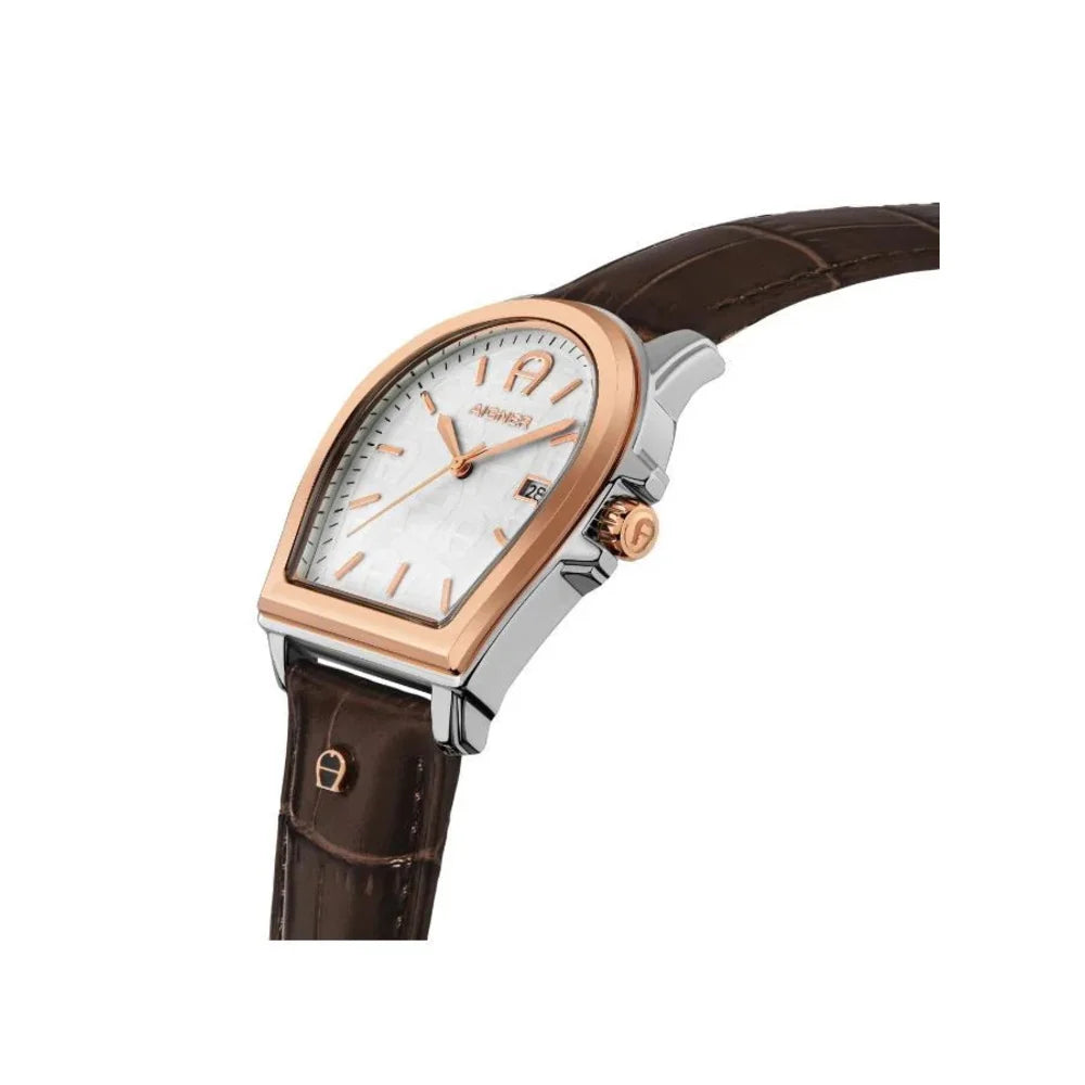 Aigner Verona | White Mother-of-Pearl Two-Tone Rose Gold & Silver Watch with Brown Leather Strap — 37×44mm