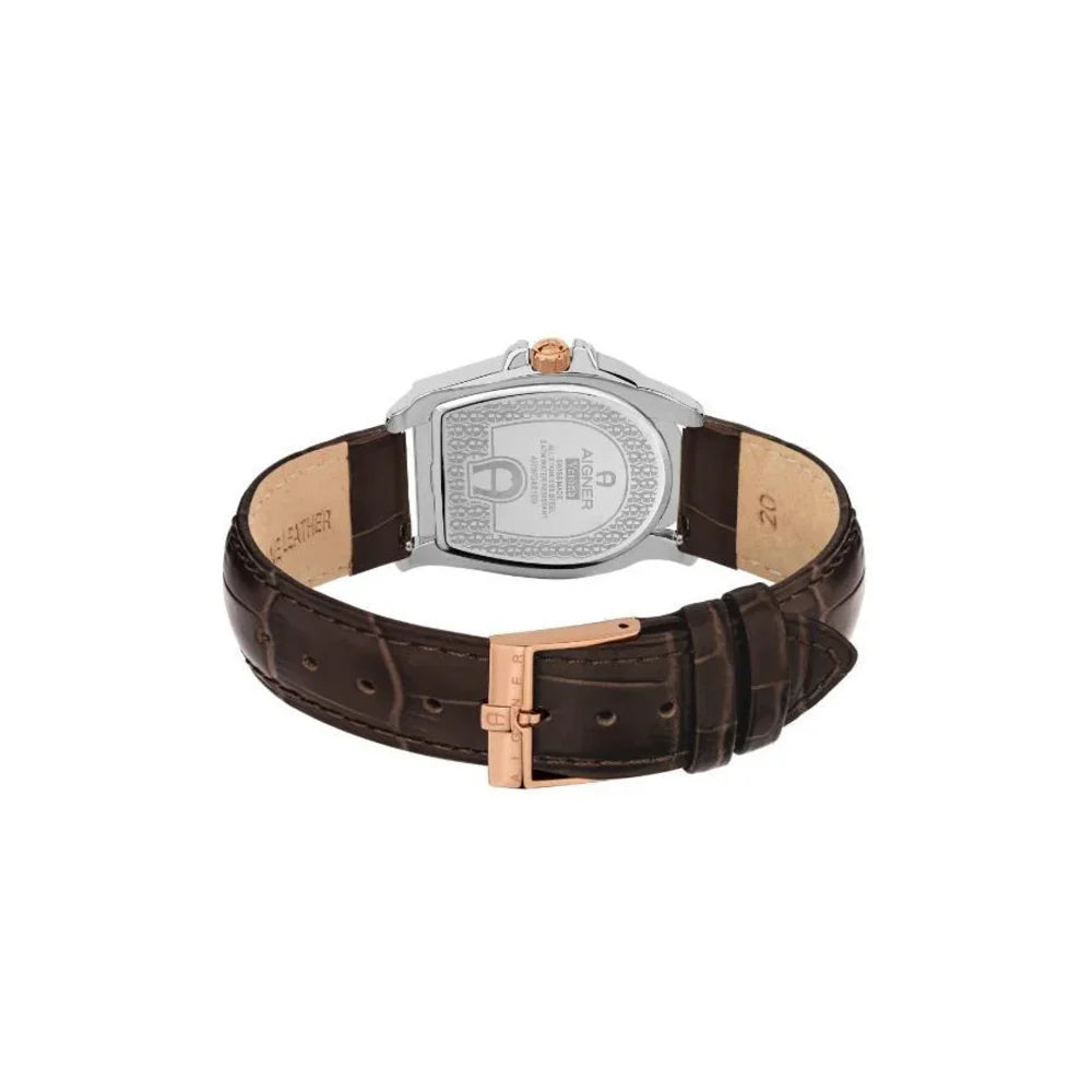 Aigner Verona | White Mother-of-Pearl Two-Tone Rose Gold & Silver Watch with Brown Leather Strap — 37×44mm