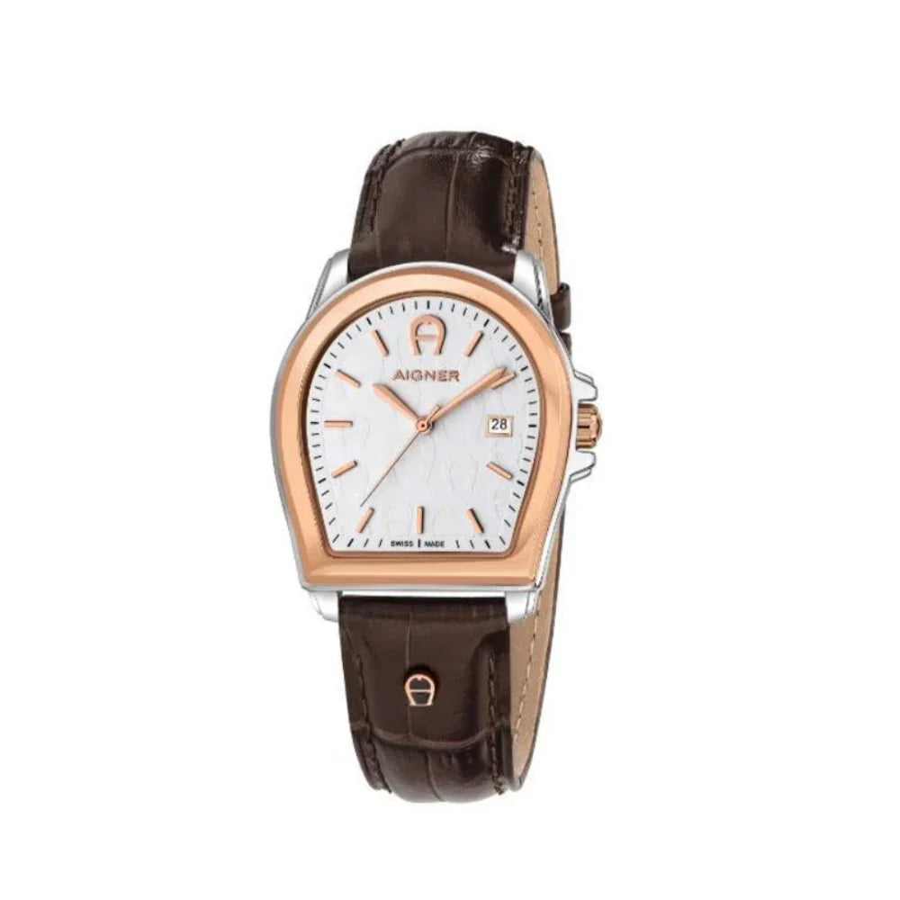 Aigner Verona | White Mother-of-Pearl Two-Tone Rose Gold & Silver Watch with Brown Leather Strap — 37×44mm