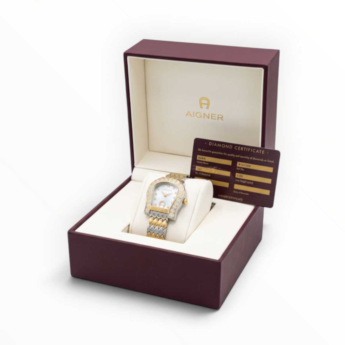 SUL EXTRAS Aigner Olbia diamond horseshoe watch with mother-of-pearl dial and two-tone scale bracelet in luxury gift box