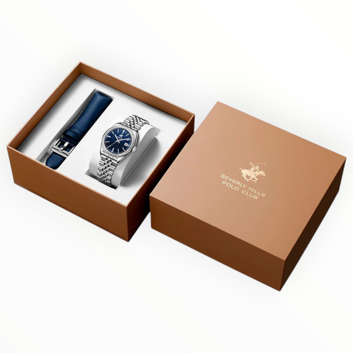 SUL EXTRAS Beverly Hills Polo Club men's watch set with dark blue dial, silver bracelet, and extra leather strap in box