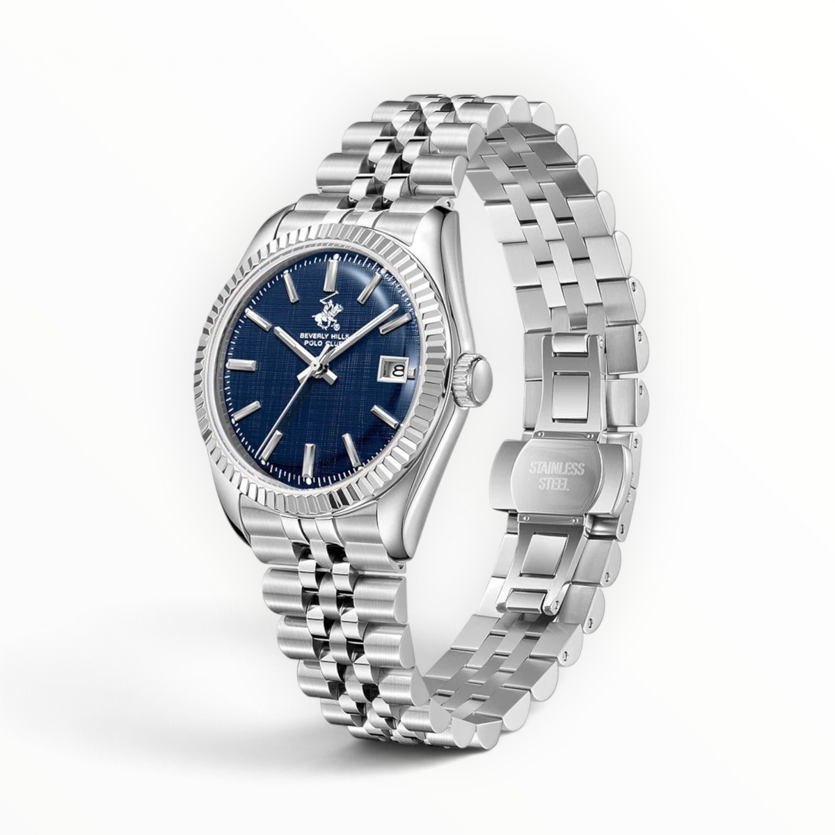SUL EXTRAS Beverly Hills Polo Club men's watch with a dark blue dial, silver stainless steel case, and bracelet.