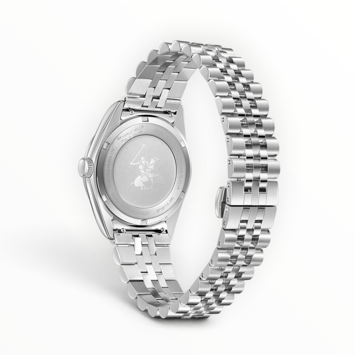 SUL EXTRAS Beverly Hills Polo Club men's watch showing the silver stainless steel case back and link bracelet