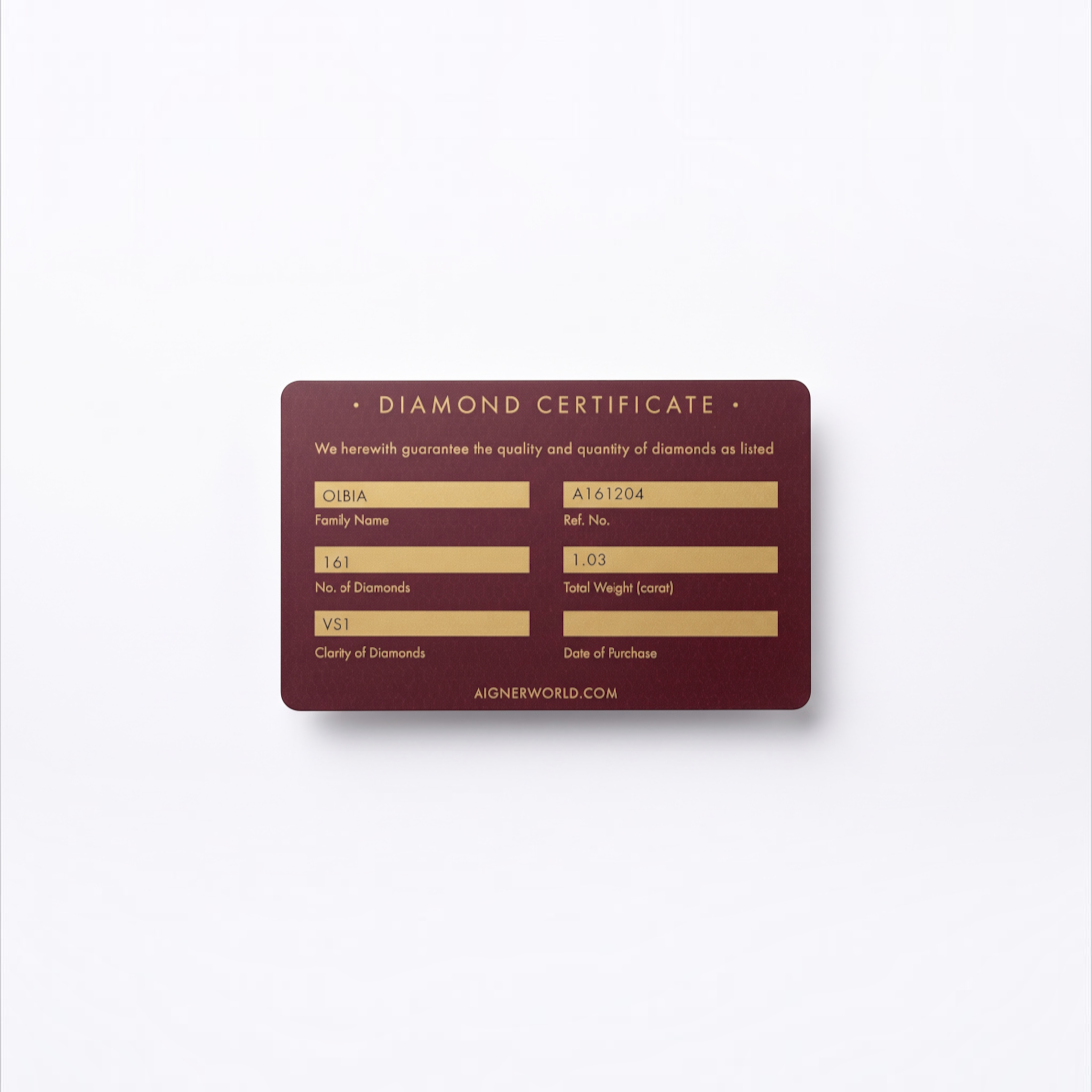 SUL EXTRAS Aigner Olbia diamond certificate card in burgundy with gold text detailing diamond specifications