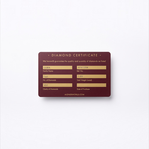 SUL EXTRAS Aigner Olbia diamond certificate card in burgundy with gold text detailing diamond specifications