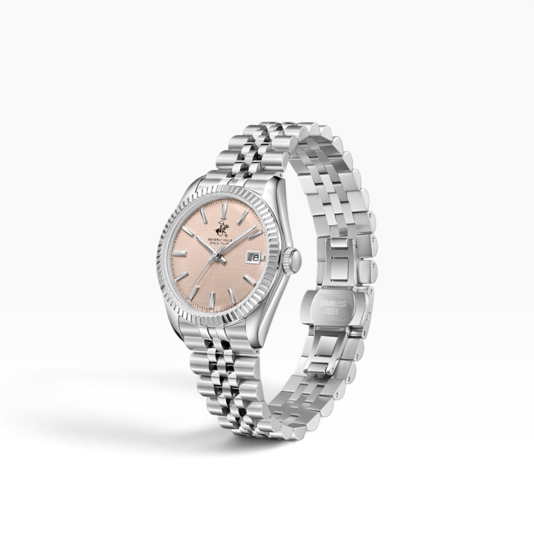 Beverly Hills Polo Club | Champagne Linen-Texture Fluted Bezel Silver Datejust Men's Watch — Gift Set with Interchangeable Brown Leather Strap — 38mm