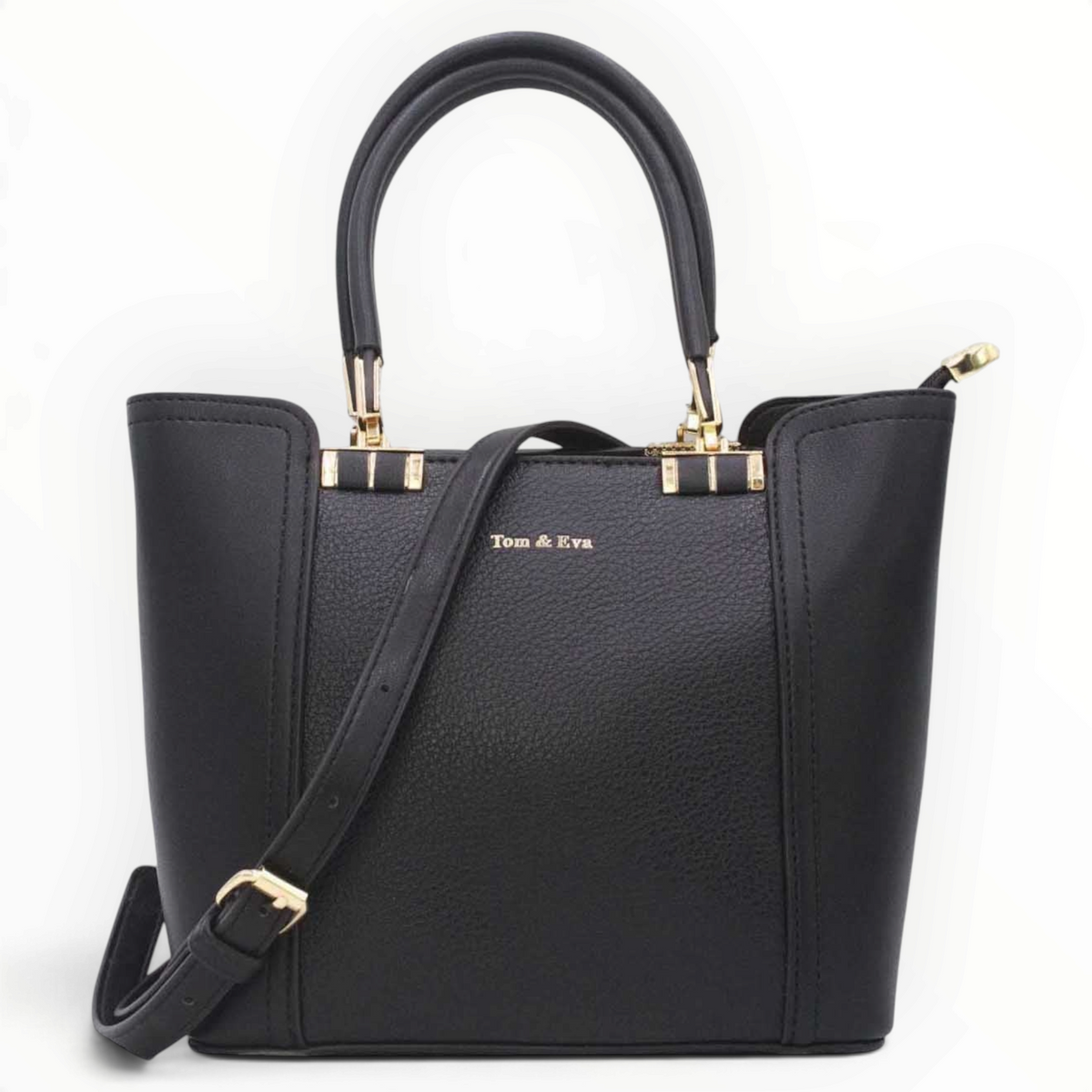 SUL EXTRAS Tom & Eva Camille black structured handbag with gold-tone hardware, twin handles, and shoulder strap.