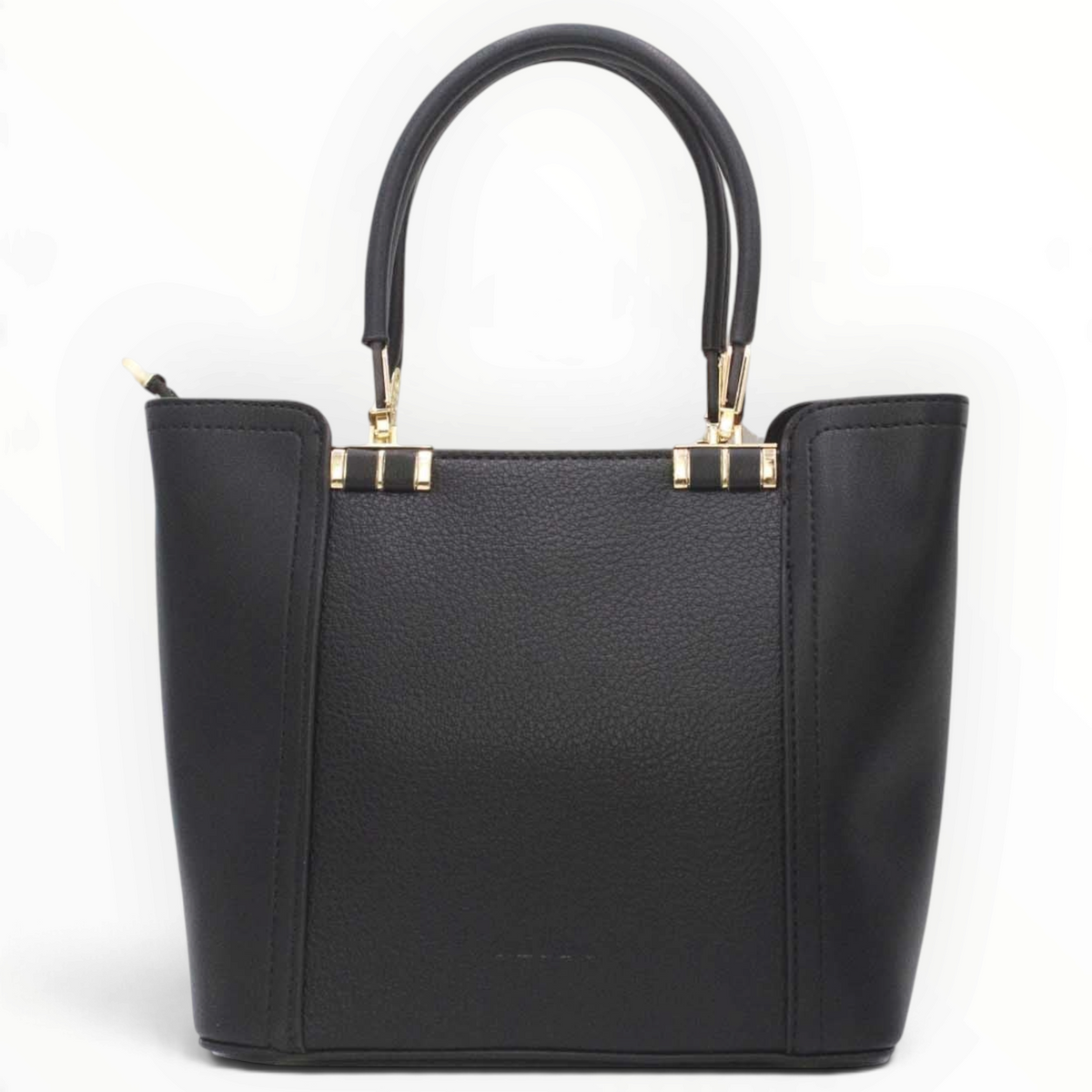 SUL EXTRAS Tom & Eva Camille black structured handbag with gold-tone hardware and twin top handles.
