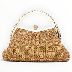 SUL EXTRAS Estelle evening bag in gold with shimmering rhinestone embellishments and an arched stone-trimmed handle.