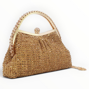 SUL EXTRAS Estelle evening bag in gold with shimmering rhinestone embellishments and an arched stone-trimmed handle.