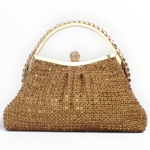 SUL EXTRAS Estelle evening bag in gold with shimmering rhinestone embellishments and an arched stone-trimmed handle.