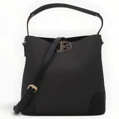 SUL EXTRAS Margot black bucket bag in grained synthetic leather with gold-tone emblem and adjustable shoulder strap