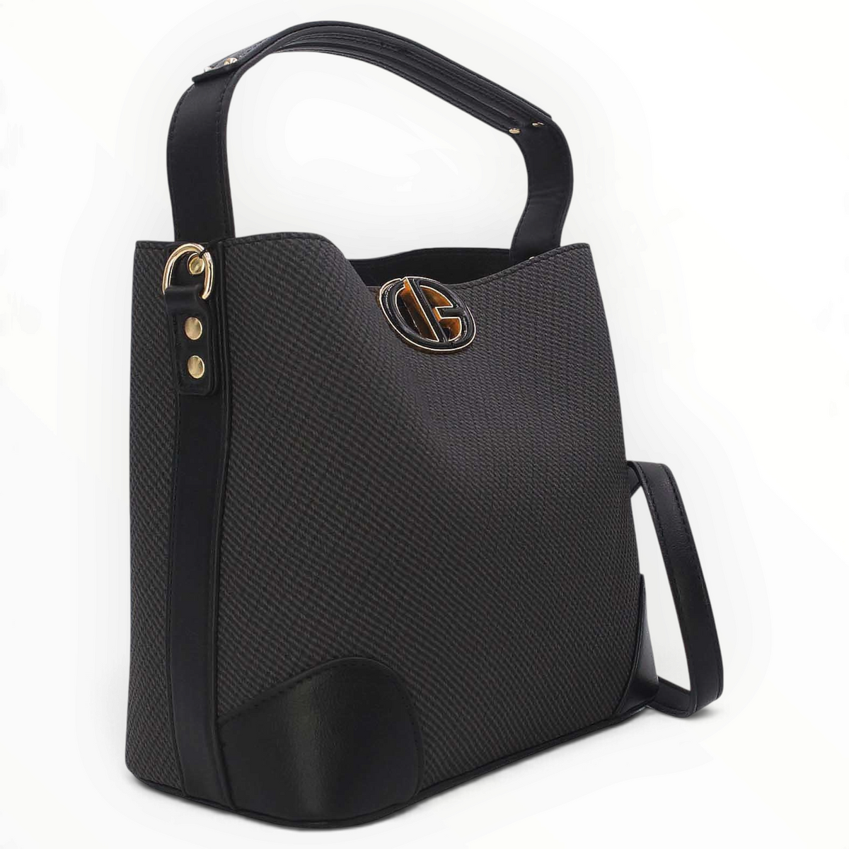 SUL EXTRAS Margot black bucket bag with grained texture, gold-tone emblem, and short shoulder handle.