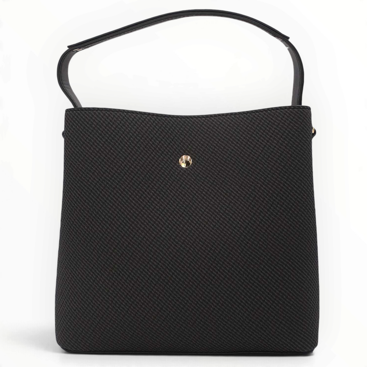 SUL EXTRAS black Margot bucket bag with grained texture, gold-tone emblem, and shoulder handle on white background