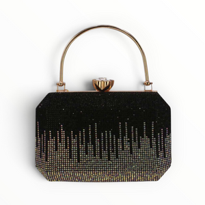 SUL EXTRAS Tom & Eva Odette evening bag featuring a black box silhouette with shimmering rhinestone gradient detailing.