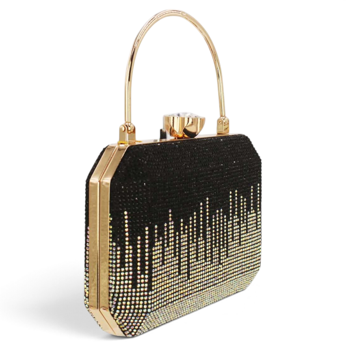 SUL EXTRAS Odette evening bag in black with rhinestone ombre detailing, gold arched handle, and faceted floral clasp.