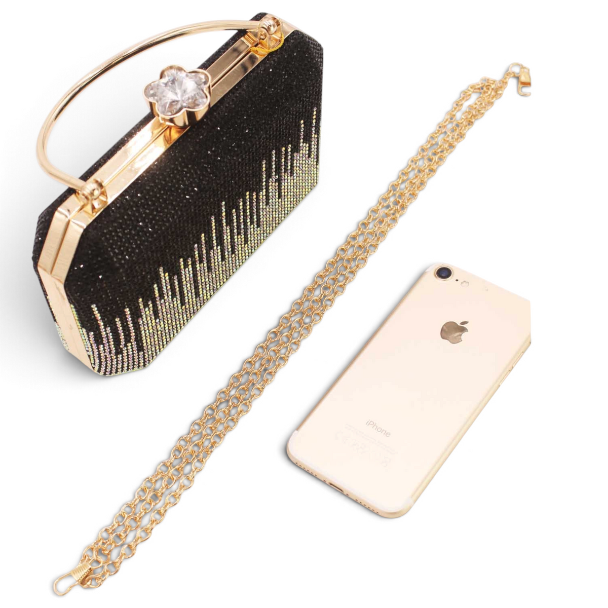 SUL EXTRAS Odette black rhinestone box evening bag with floral clasp, arched handle, and gold chain shoulder strap