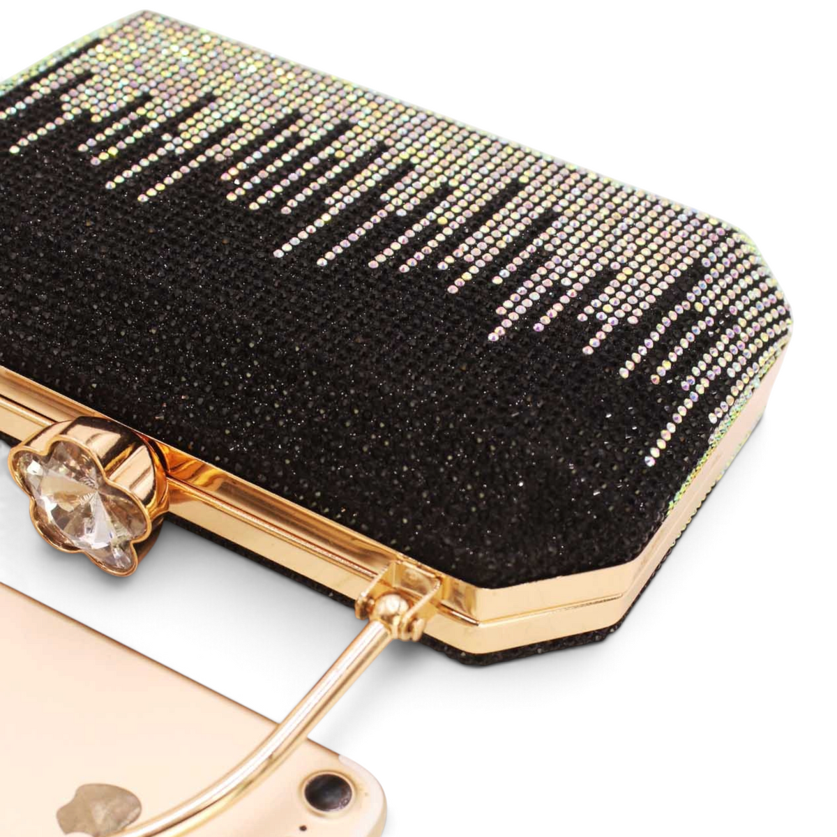 SUL EXTRAS Odette black box evening bag with shimmering rhinestone detailing, gold arched handle, and floral clasp.