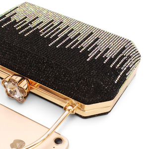 SUL EXTRAS Odette black box evening bag with shimmering rhinestone detailing, gold arched handle, and floral clasp.