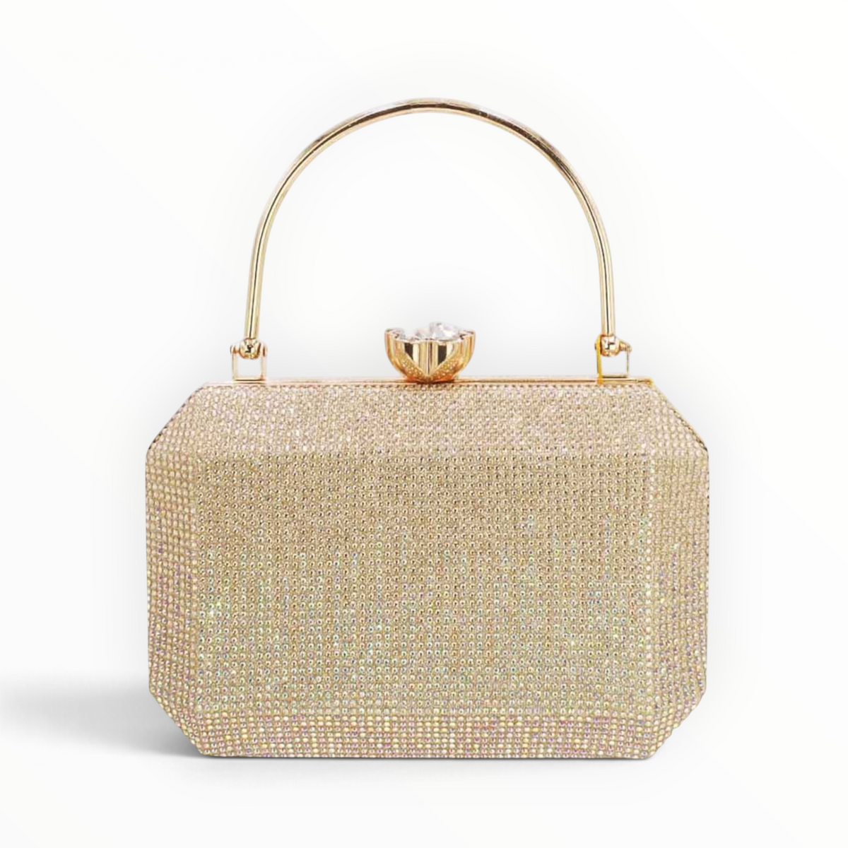 SUL EXTRAS Odette evening bag in gold with shimmering rhinestone detailing, arched handle, and faceted floral clasp.