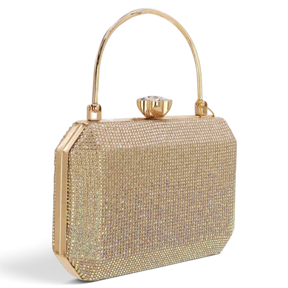 SUL EXTRAS Odette evening bag in gold with shimmering rhinestone detailing, arched top handle, and floral clasp.
