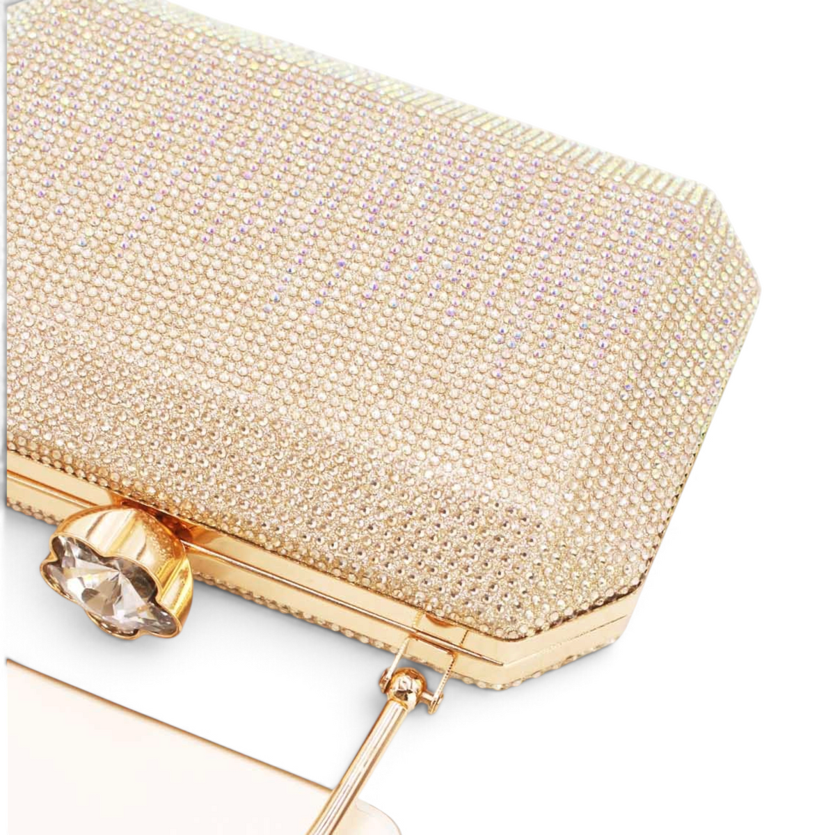 SUL EXTRAS Odette evening bag in gold with rhinestone detailing, arched handle, and faceted floral clasp.