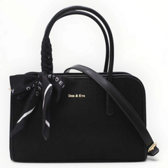 SUL EXTRAS Tom & Eva Juliette black structured handbag with gold hardware and a decorative scarf tied to the handle
