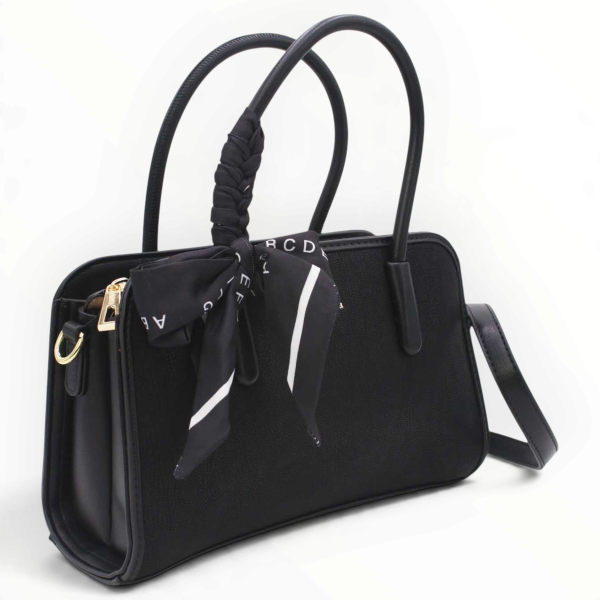 SUL EXTRAS Tom & Eva Juliette black structured handbag with gold-tone hardware and a decorative printed scarf