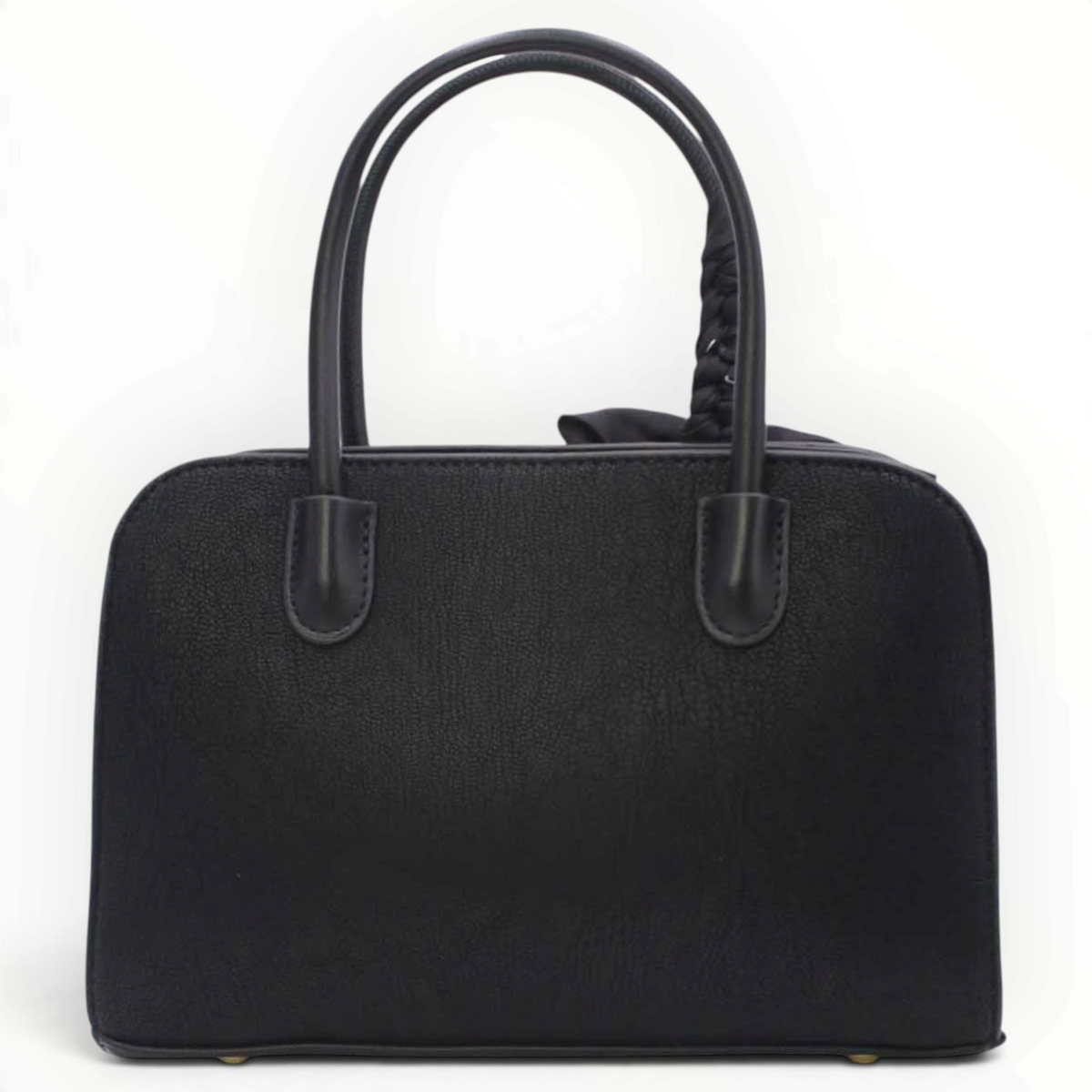 SUL EXTRAS Juliette black structured handbag with twin top handles and a decorative scarf detail