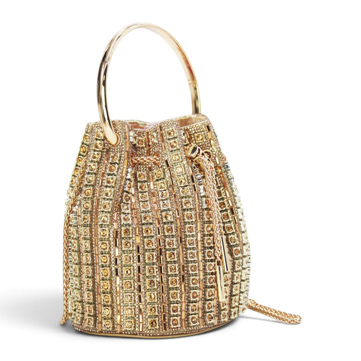 SUL EXTRAS Étoile evening bucket bag in gold with geometric rhinestone embellishments and a polished circular handle.
