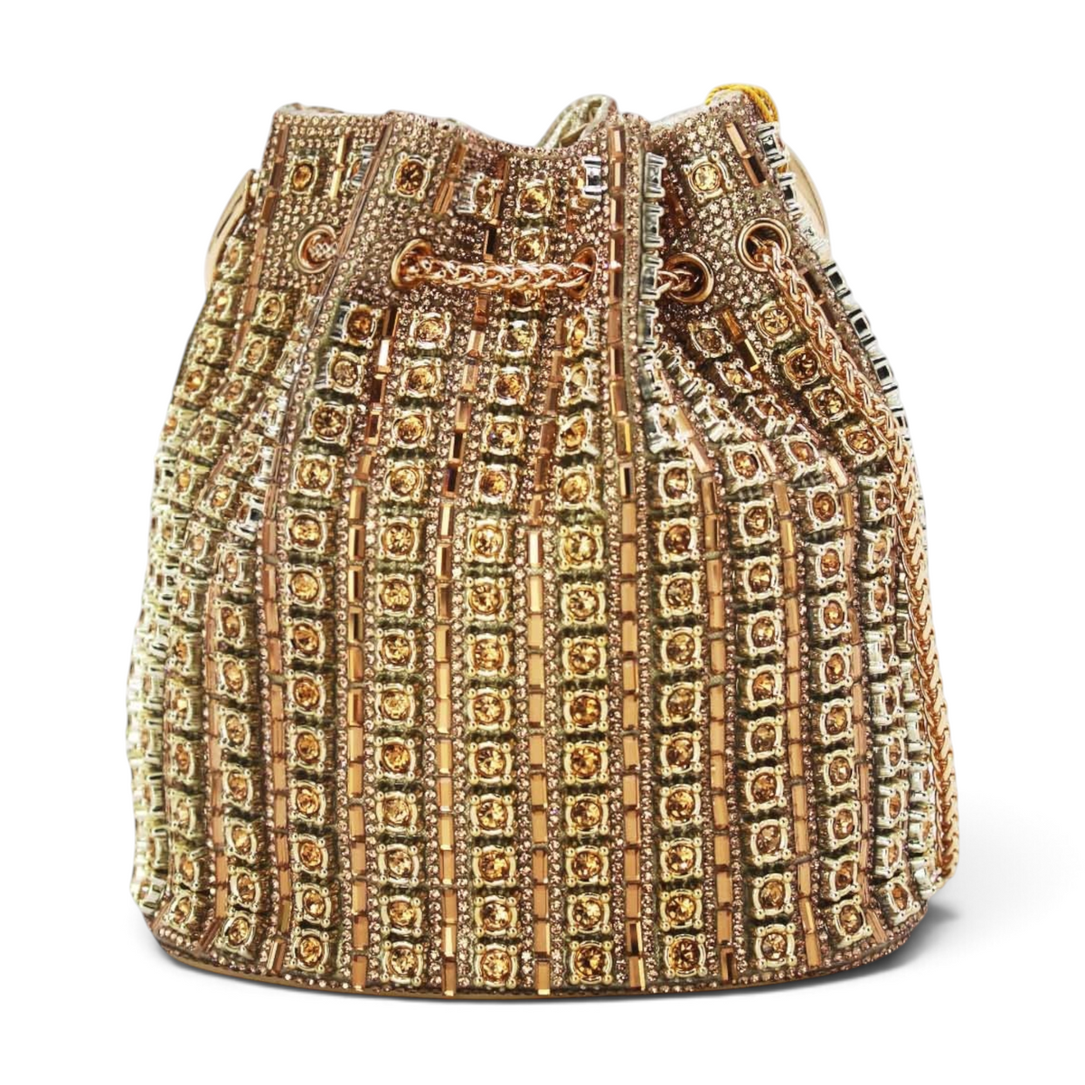 SUL EXTRAS Étoile evening bucket bag in gold with geometric rhinestone embellishments and a circular top handle.