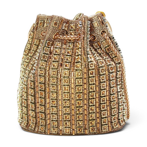 SUL EXTRAS Étoile evening bucket bag in gold with geometric rhinestone embellishments and a circular top handle.