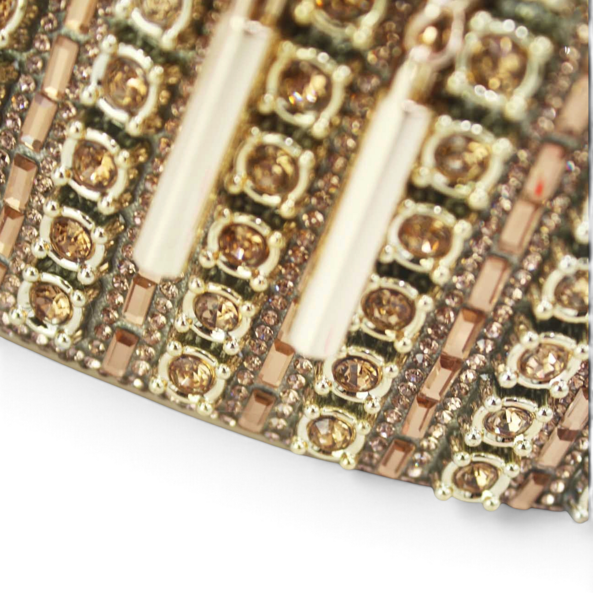 SUL EXTRAS Étoile evening bucket bag featuring intricate geometric gold-tone rhinestone and crystal embellishments.