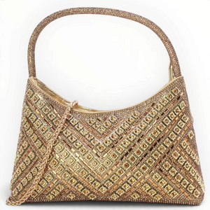 SUL EXTRAS Céleste evening bag with geometric gold rhinestone embellishments, curved handle, and chain shoulder strap.