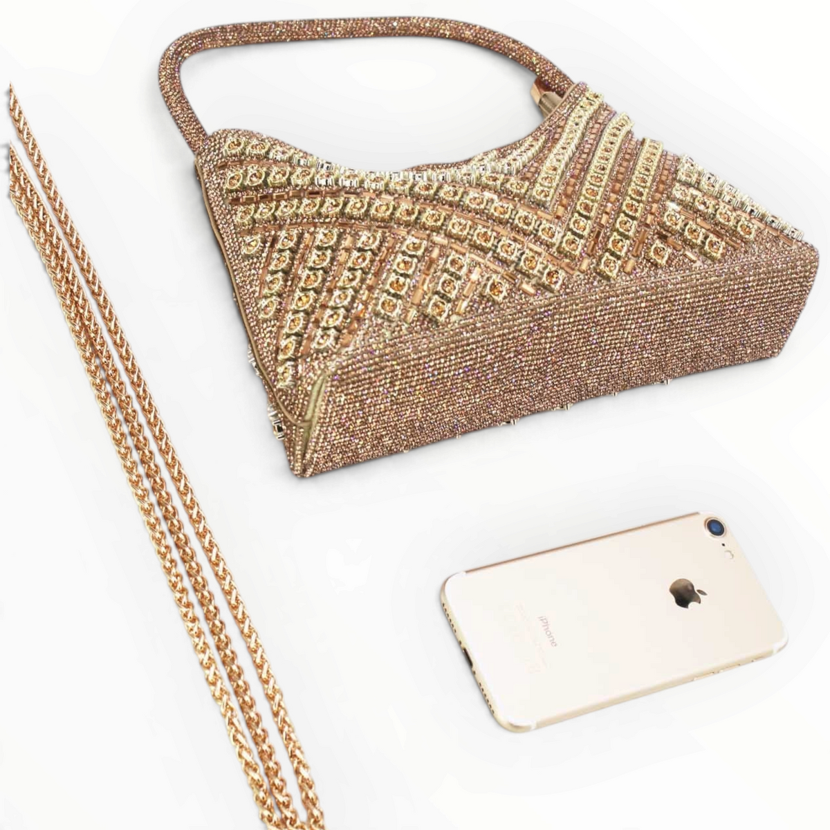SUL EXTRAS Céleste evening bag with geometric rhinestones, curved handle, and detachable gold chain strap