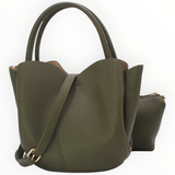SUL EXTRAS olive green Tulipe 2-in-1 tote bag with petal-inspired curves, grained synthetic finish, and gold hardware.