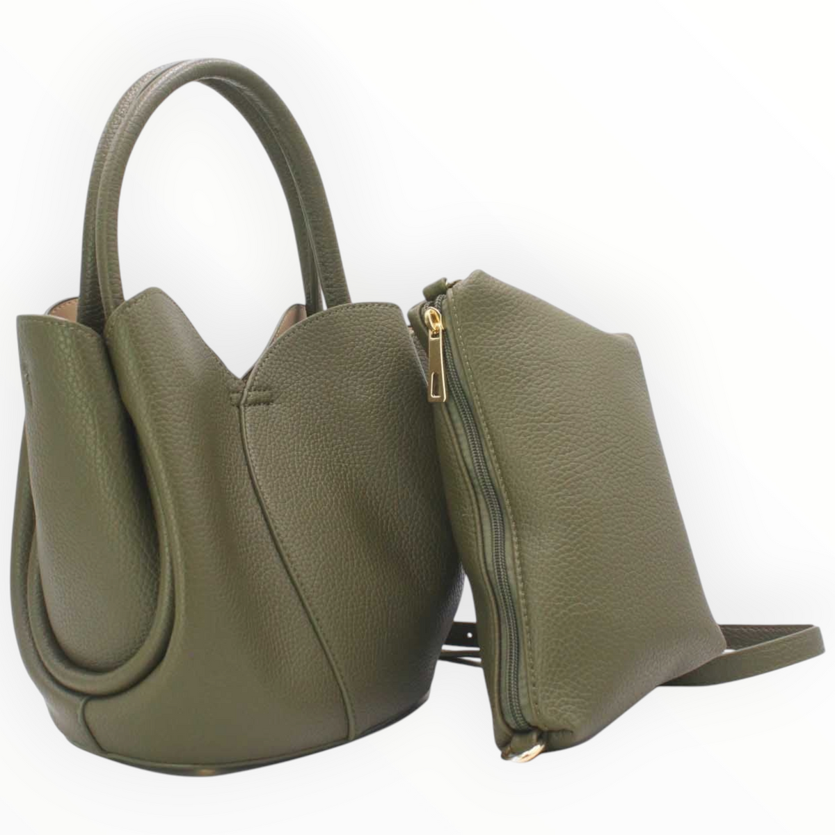 SUL EXTRAS Tom & Eva olive green grained synthetic 2-in-1 tote bag with petal-inspired curves and removable pouch