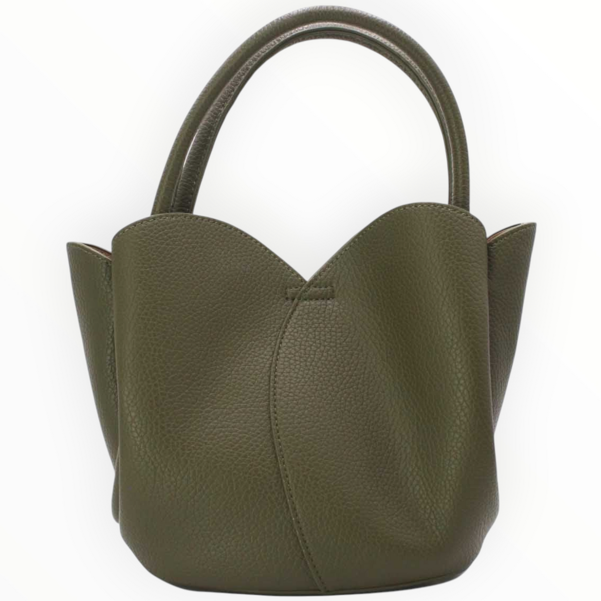 SUL EXTRAS Tom & Eva olive green grained synthetic 2-in-1 tote bag with petal-inspired curves and top handles