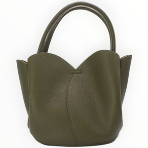 SUL EXTRAS Tom & Eva olive green grained synthetic 2-in-1 tote bag with petal-inspired curves and top handles