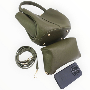 SUL EXTRAS olive green Tulipe 2-in-1 tote bag with removable pouch, shoulder strap, and gold-tone hardware.