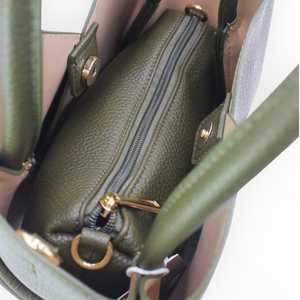 SUL EXTRAS Tulipe 2-in-1 olive green grained synthetic tote bag with removable zipped pouch and gold-tone hardware