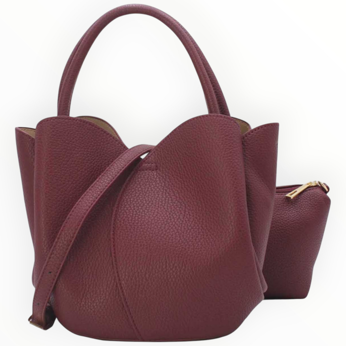 SUL EXTRAS Tulipe 2-in-1 burgundy grained synthetic tote bag with petal-inspired curves and gold-tone hardware.