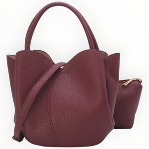 SUL EXTRAS Tulipe 2-in-1 burgundy grained synthetic tote bag with petal-inspired curves and gold-tone hardware.