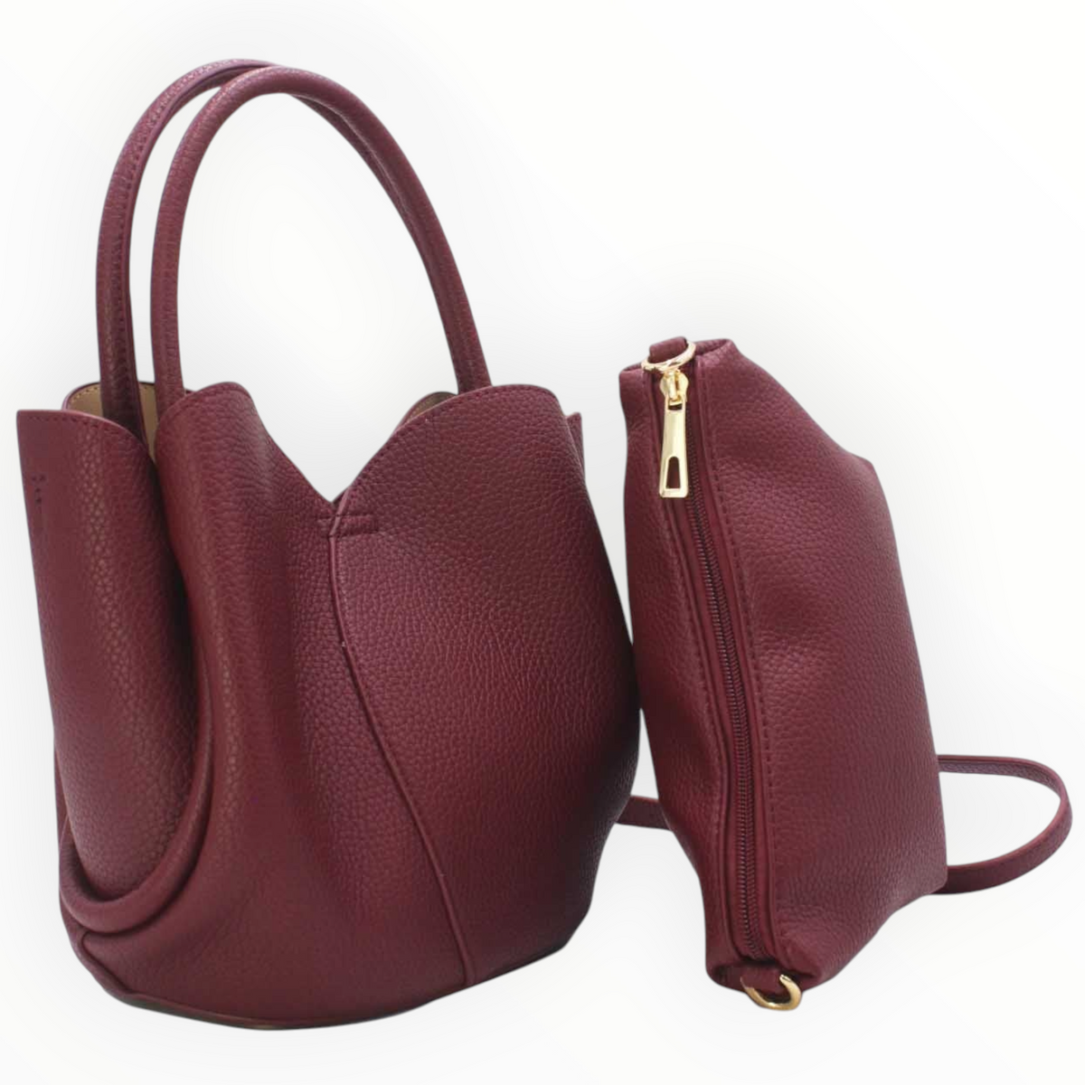 SUL EXTRAS Tom & Eva Tulipe 2-in-1 burgundy grained synthetic tote bag with removable zipped pouch and gold hardware.