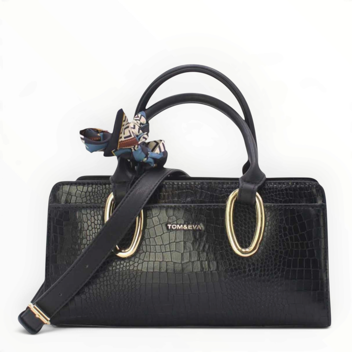 SUL EXTRAS Tom & Eva black croc-effect handbag with gold oval handles and a decorative patterned scarf