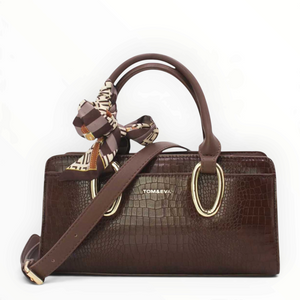 SUL EXTRAS Tom & Eva Amélie brown croc-effect handbag with gold oval handles and a decorative patterned scarf