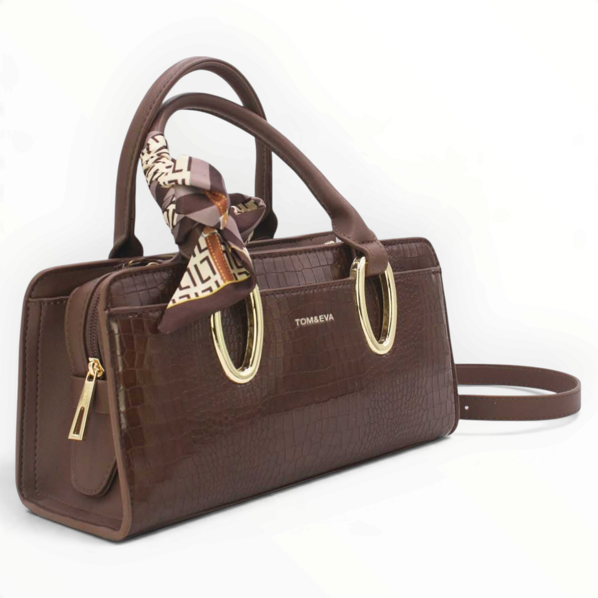 SUL EXTRAS Tom & Eva Amélie brown croc-effect handbag with gold oval handles and a decorative patterned scarf