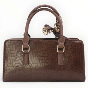 SUL EXTRAS Tom & Eva Amélie brown croc-effect handbag with gold-tone hardware and a decorative patterned scarf