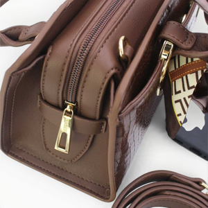 SUL EXTRAS Tom & Eva Amélie brown croc-effect handbag with gold-tone hardware, zip closure, and decorative scarf.