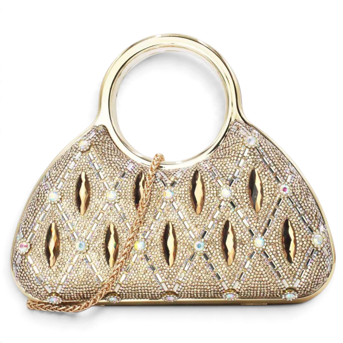 SUL EXTRAS Aurelia evening bag featuring gold rhinestone latticework, circular handles, and a detachable chain strap.